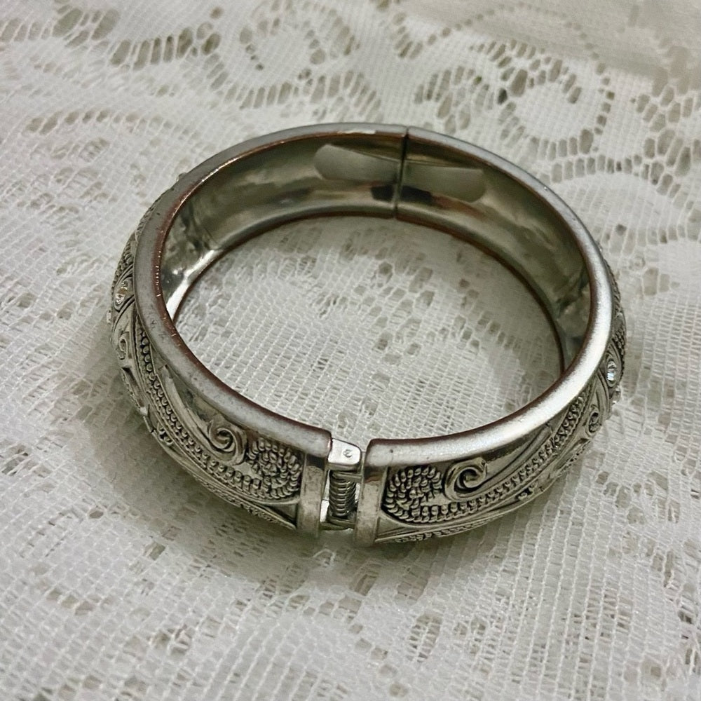 Lot of 2 Vintage, Chunky, Silver Tone Pierced Cuff
n Hinged Rhinestone Bangle