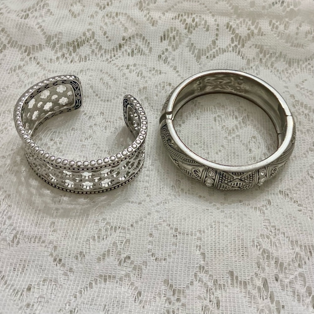 Lot of 2 Vintage, Chunky, Silver Tone Pierced Cuff
n Hinged Rhinestone Bangle