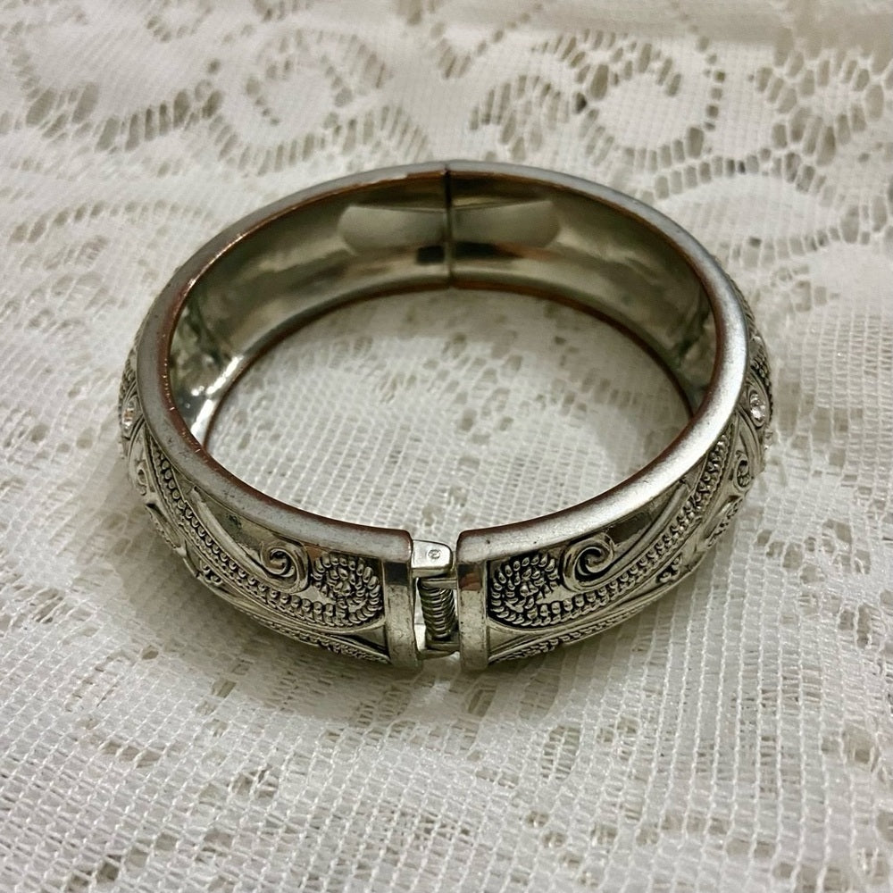 Lot of 2 Vintage, Chunky, Silver Tone Pierced Cuff
n Hinged Rhinestone Bangle