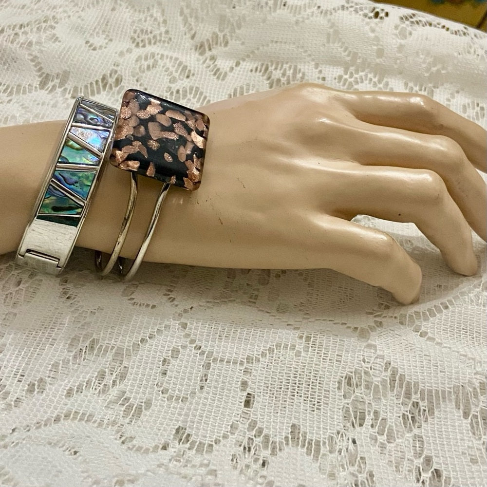 Lot of 2 Vintage, Abalone Silver Hinged and Glass Fuse Copper Hinged Bangles
