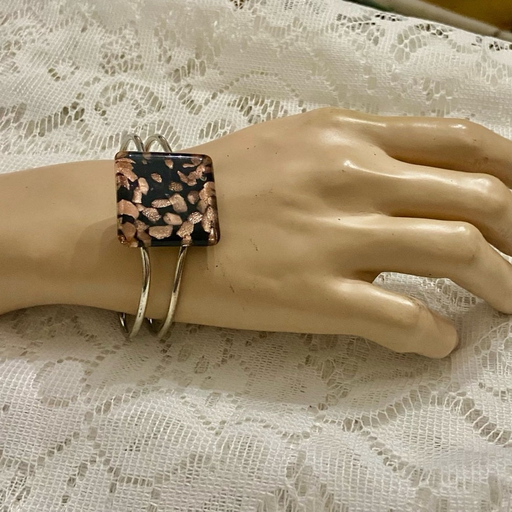 Lot of 2 Vintage, Abalone Silver Hinged and Glass Fuse Copper Hinged Bangles