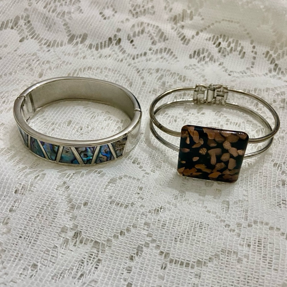 Lot of 2 Vintage, Abalone Silver Hinged and Glass Fuse Copper Hinged Bangles