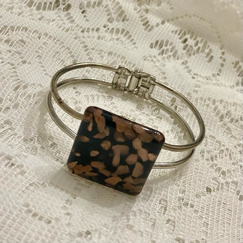 Lot of 2 Vintage, Abalone Silver Hinged and Glass Fuse Copper Hinged Bangles