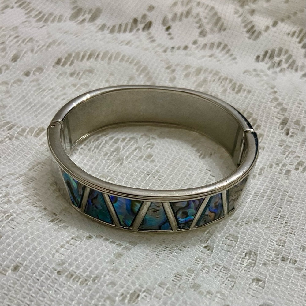 Lot of 2 Vintage, Abalone Silver Hinged and Glass Fuse Copper Hinged Bangles