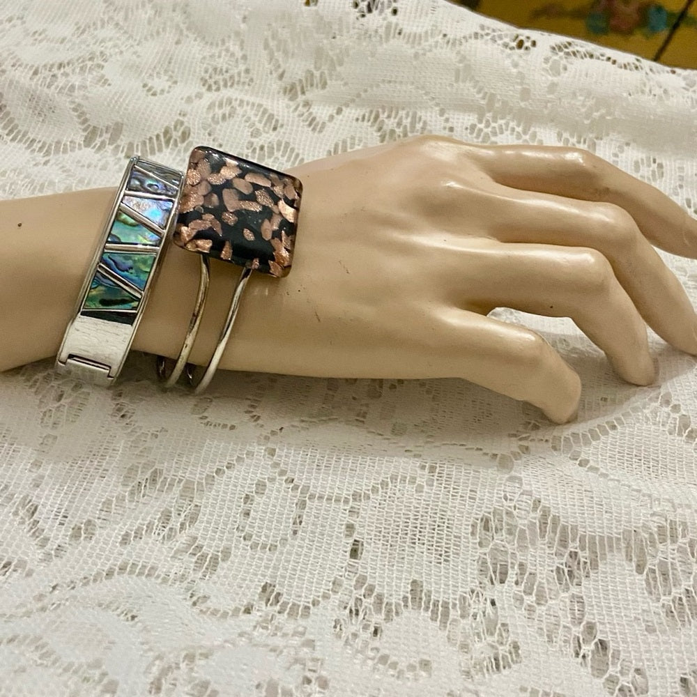 Lot of 2 Vintage, Abalone Silver Hinged and Glass Fuse Copper Hinged Bangles