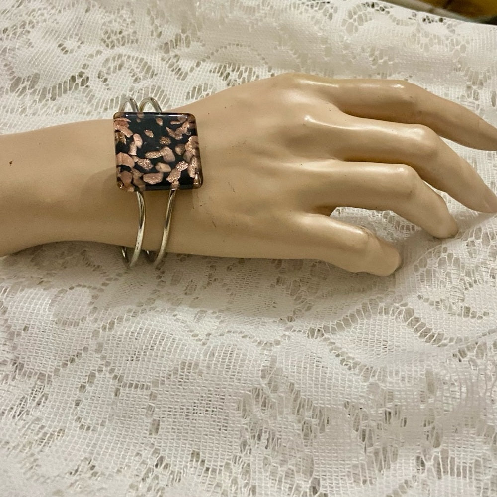 Lot of 2 Vintage, Abalone Silver Hinged and Glass Fuse Copper Hinged Bangles