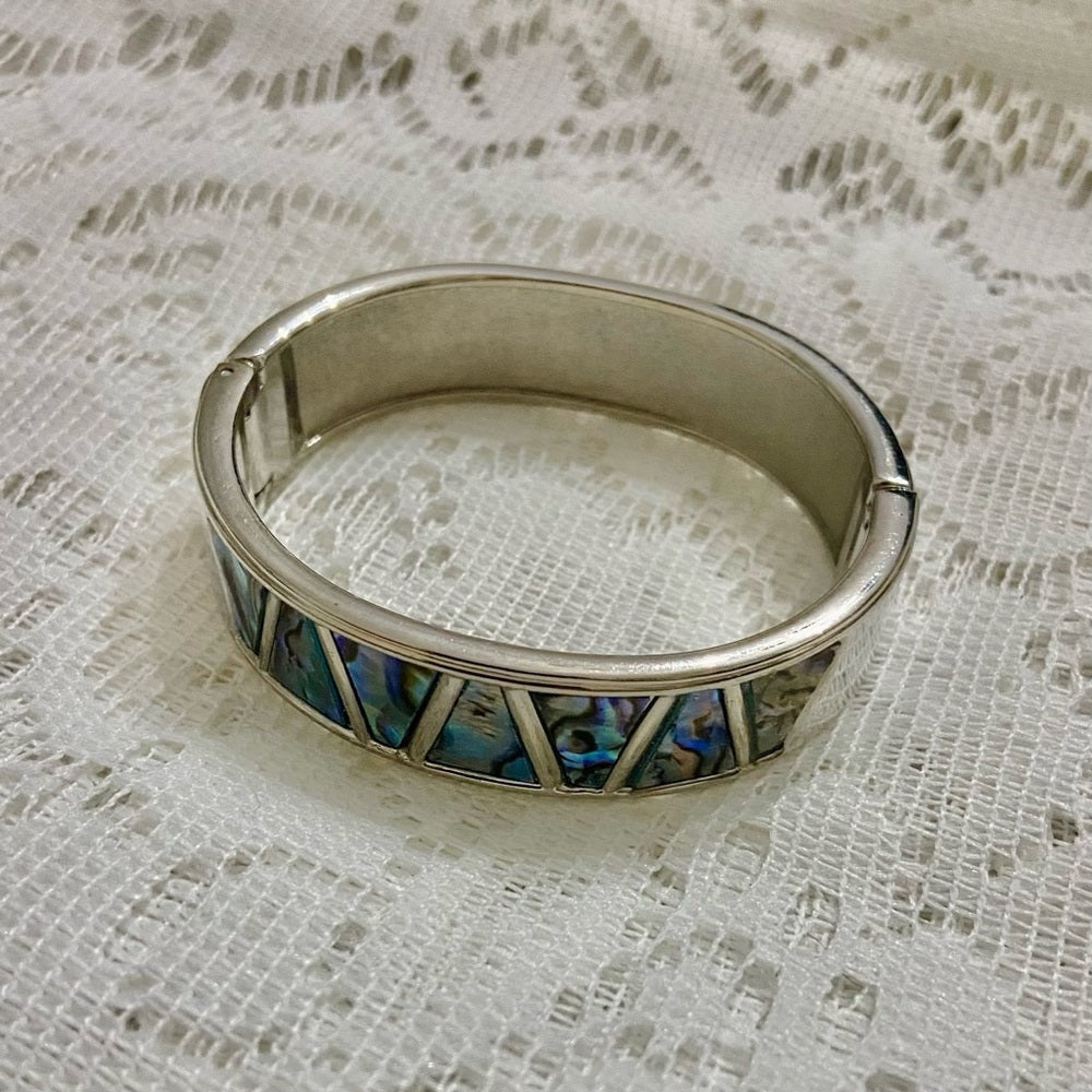 Lot of 2 Vintage, Abalone Silver Hinged and Glass Fuse Copper Hinged Bangles