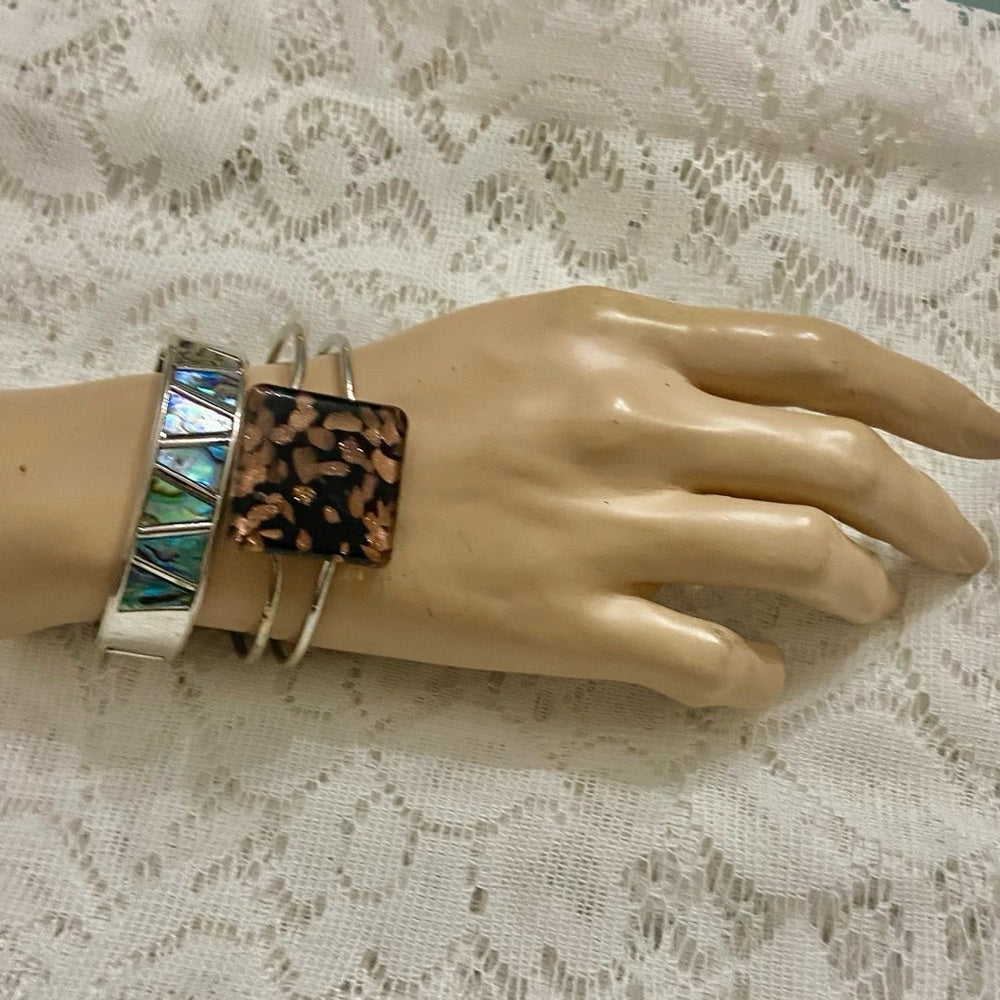 Lot of 2 Vintage, Abalone Silver Hinged and Glass Fuse Copper Hinged Bangles