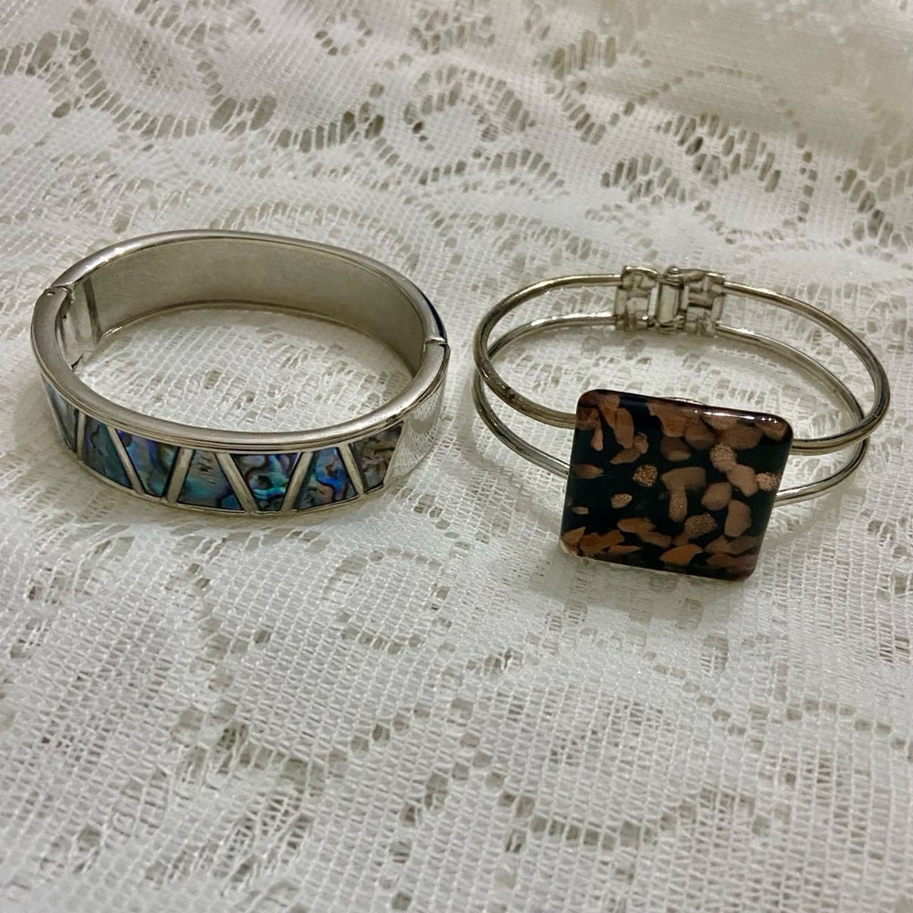 Lot of 2 Vintage, Abalone Silver Hinged and Glass Fuse Copper Hinged Bangles