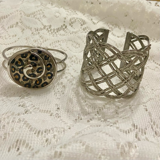 Lot of 2 Vintage, Chunky, Weave Cuff Bangle and Silver Tone Round Leopard Hinged