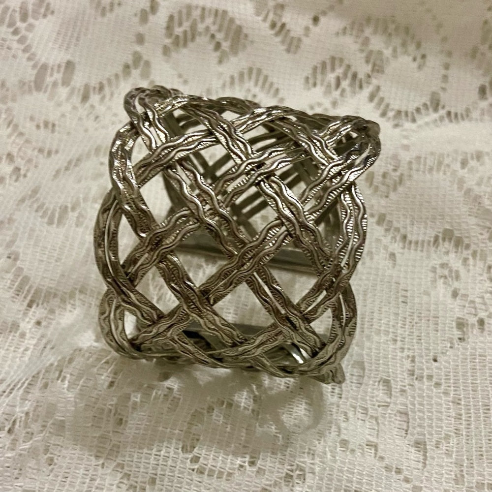 Lot of 2 Vintage, Chunky, Weave Cuff Bangle and Silver Tone Round Leopard Hinged