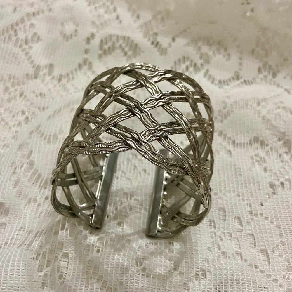 Lot of 2 Vintage, Chunky, Weave Cuff Bangle and Silver Tone Round Leopard Hinged