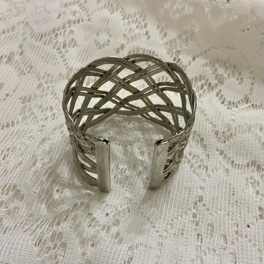 Lot of 2 Vintage, Chunky, Weave Cuff Bangle and Silver Tone Round Leopard Hinged