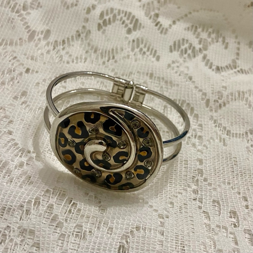 Lot of 2 Vintage, Chunky, Weave Cuff Bangle and Silver Tone Round Leopard Hinged