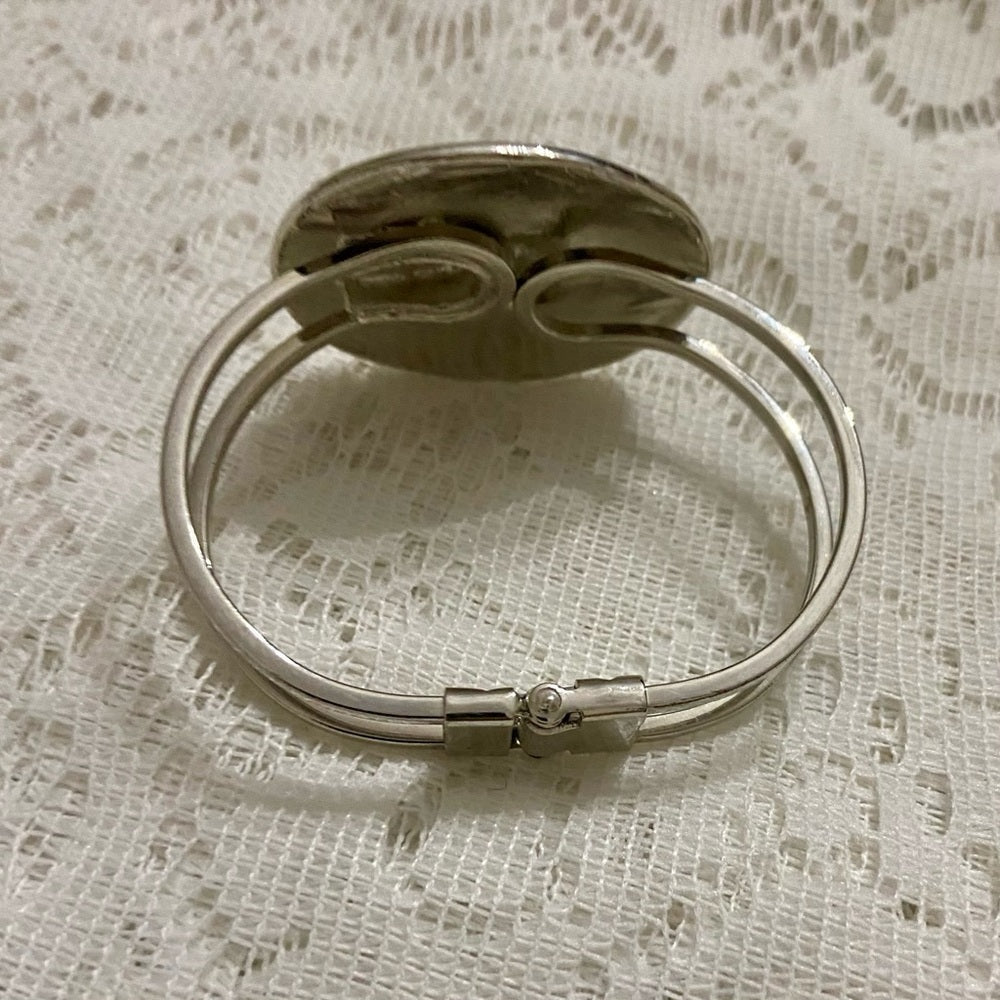 Lot of 2 Vintage, Chunky, Weave Cuff Bangle and Silver Tone Round Leopard Hinged