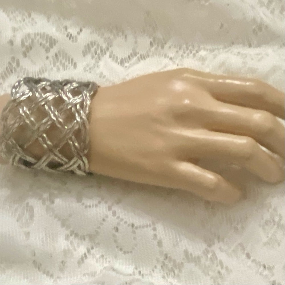 Lot of 2 Vintage, Chunky, Weave Cuff Bangle and Silver Tone Round Leopard Hinged