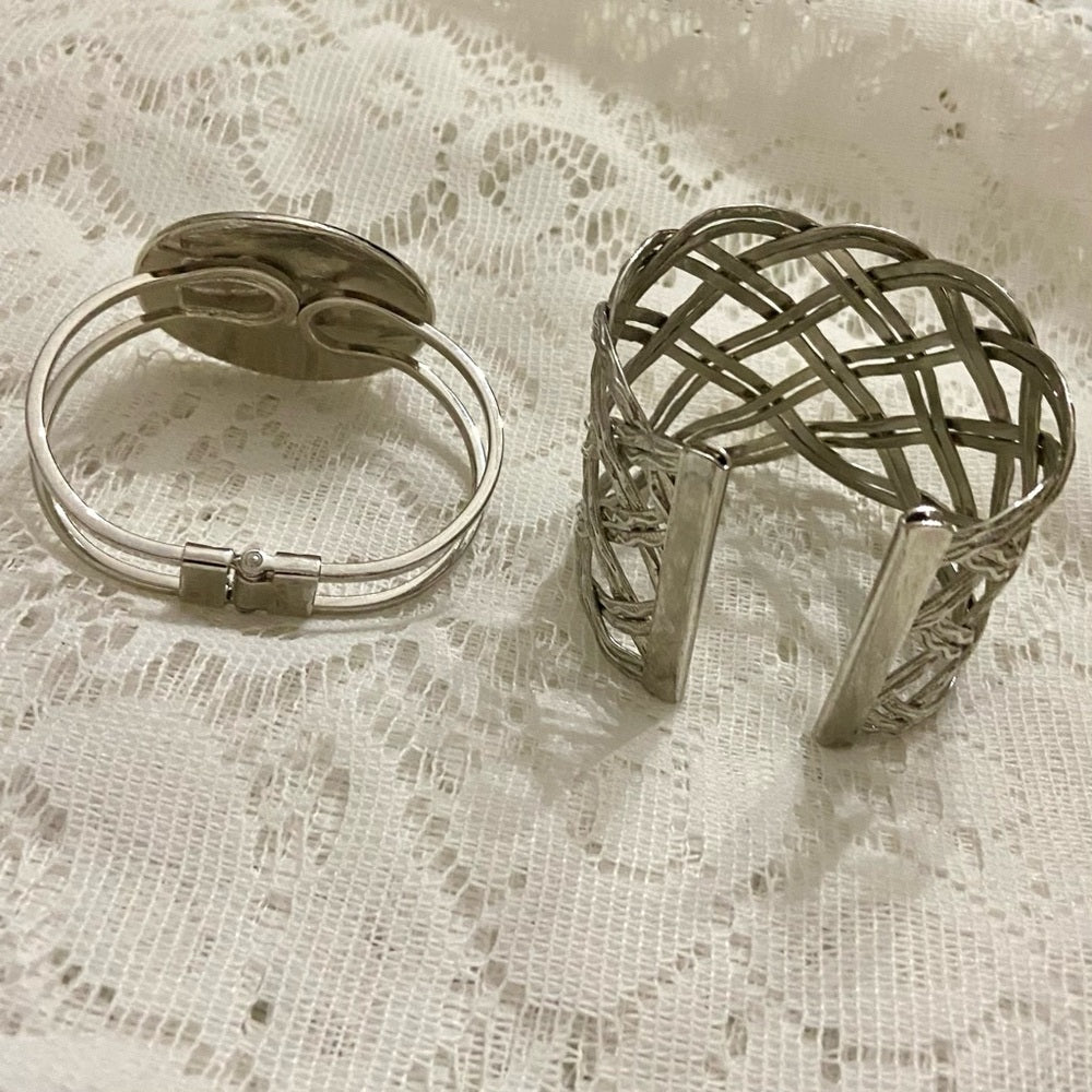 Lot of 2 Vintage, Chunky, Weave Cuff Bangle and Silver Tone Round Leopard Hinged