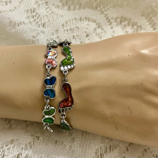 Lot of 3 Vintage Silver Tone Abalone Bracelets- Butterfly, Footprints and Dolphi