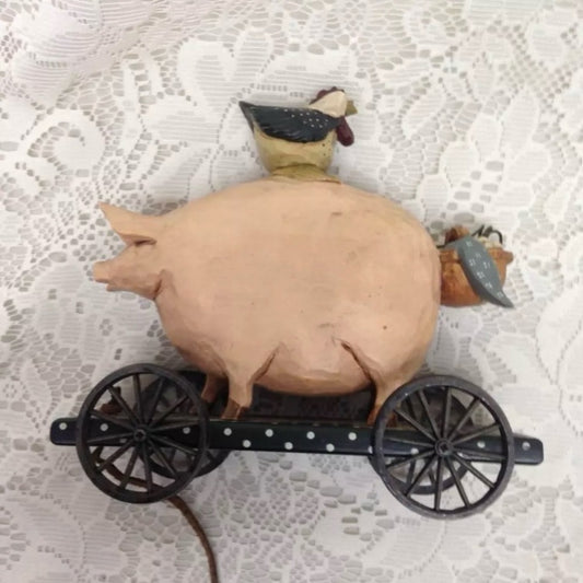 Vintage, 1996 Willrays Studio Piggy and Hen Pull Toy  6in x 6in x 3in