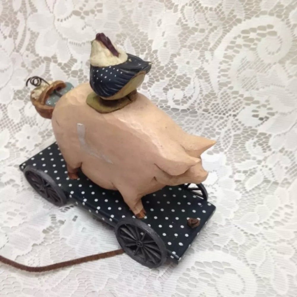 Vintage, 1996 Willrays Studio Piggy and Hen Pull Toy  6in x 6in x 3in
