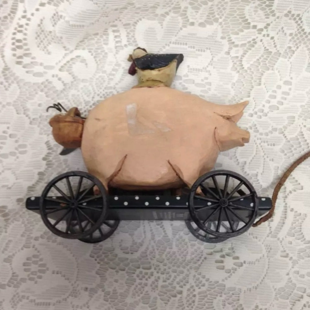 Vintage, 1996 Willrays Studio Piggy and Hen Pull Toy  6in x 6in x 3in