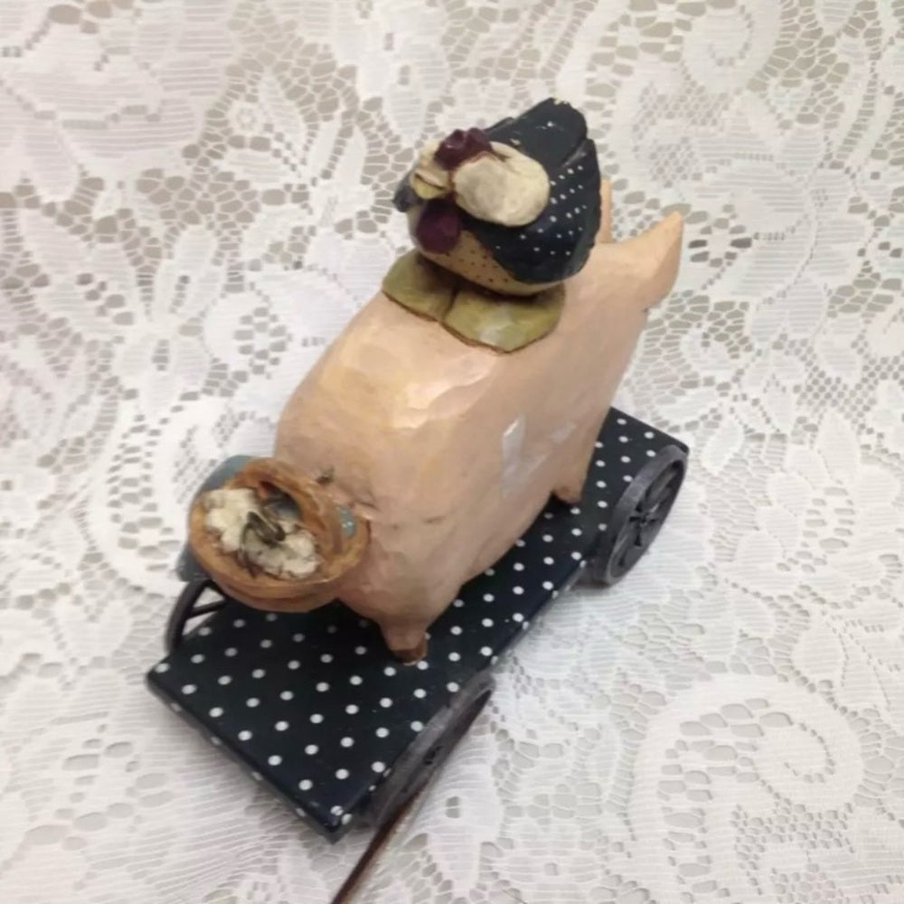 Vintage, 1996 Willrays Studio Piggy and Hen Pull Toy  6in x 6in x 3in