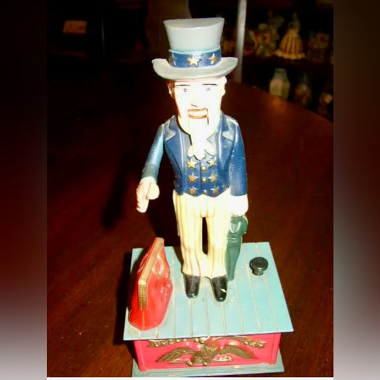 Vintage, Rare, Plastic, Uncle Sam Mechanical Bank with Orig. Box