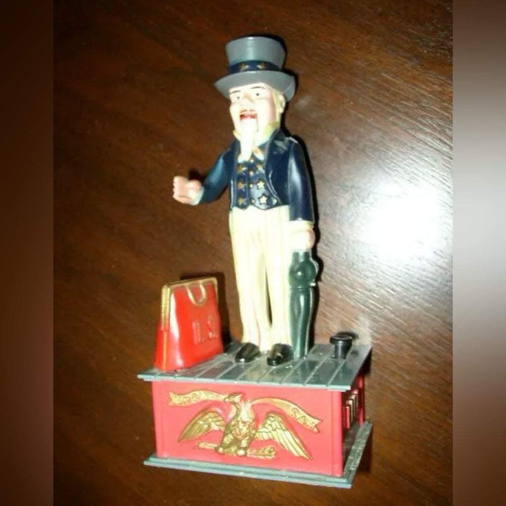 Vintage, Rare, Plastic, Uncle Sam Mechanical Bank with Orig. Box