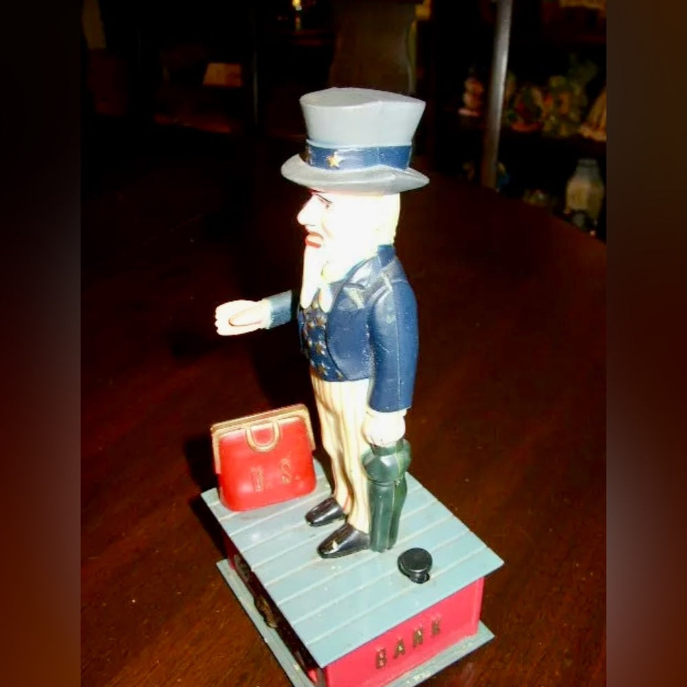 Vintage, Rare, Plastic, Uncle Sam Mechanical Bank with Orig. Box