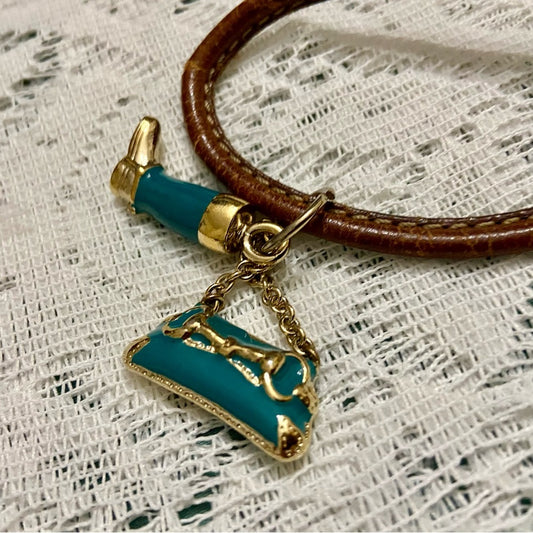 Vintage, Authentic Gucci 8-inch Brown Leather Teal Blue Handbag and Boots Charm