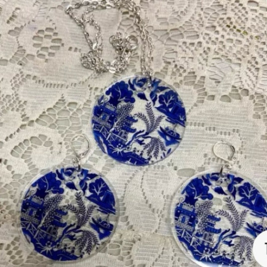 Blue Willow 3-pc Dangling Earrings and Pendant Necklace Set