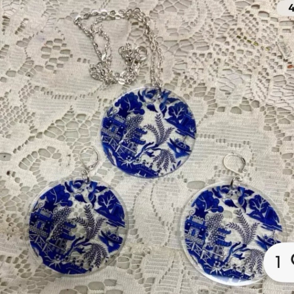 Blue Willow 3-pc Dangling Earrings and Pendant Necklace Set