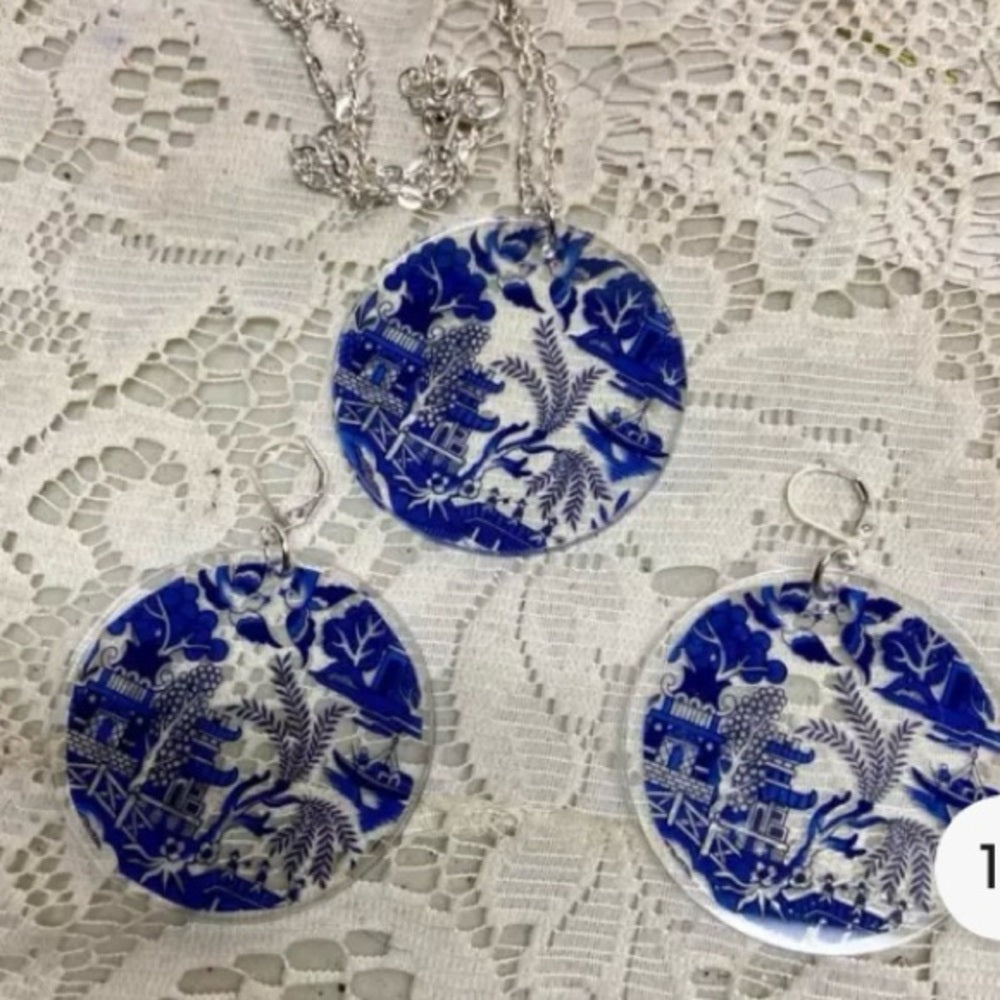 Blue Willow 3-pc Dangling Earrings and Pendant Necklace Set