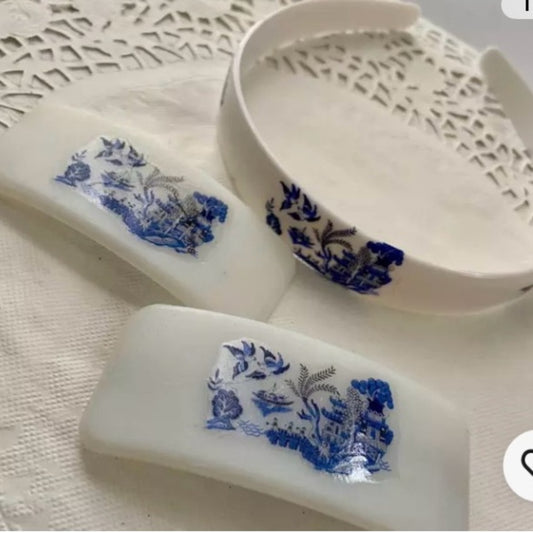 3pc Blue Willow Barrettes 3in x 1.5in and Head Band