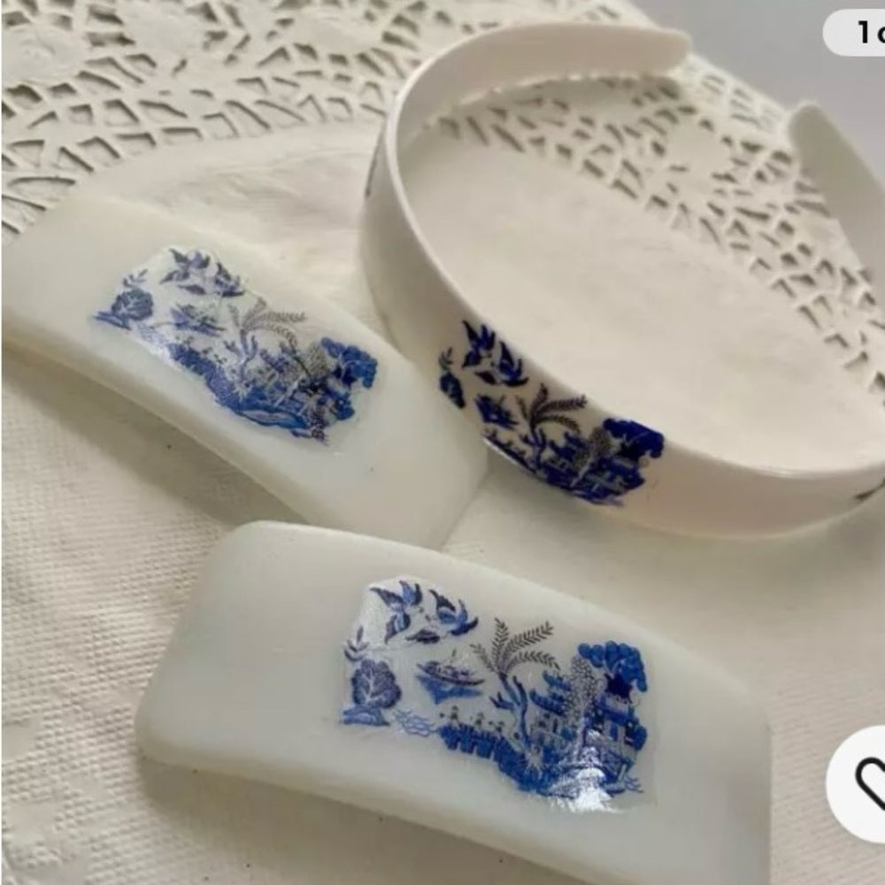 3pc Blue Willow Barrettes 3in x 1.5in and Head Band
