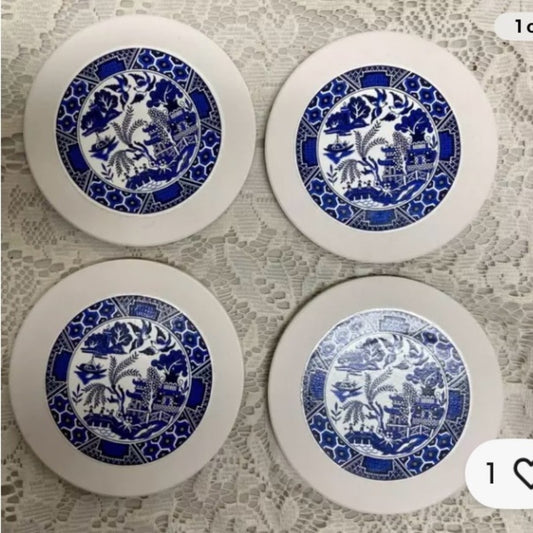 4pc Blue Willow Heavy Ceramic Coasters 4in D.