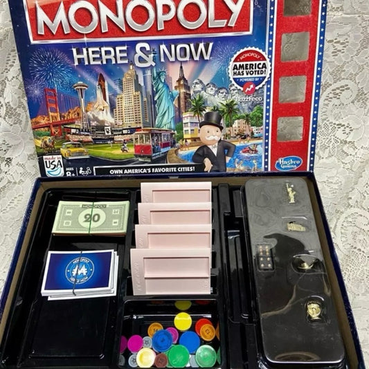 Vintage, Complete Monopoly Here and Now- Board Game - 12in Sq.