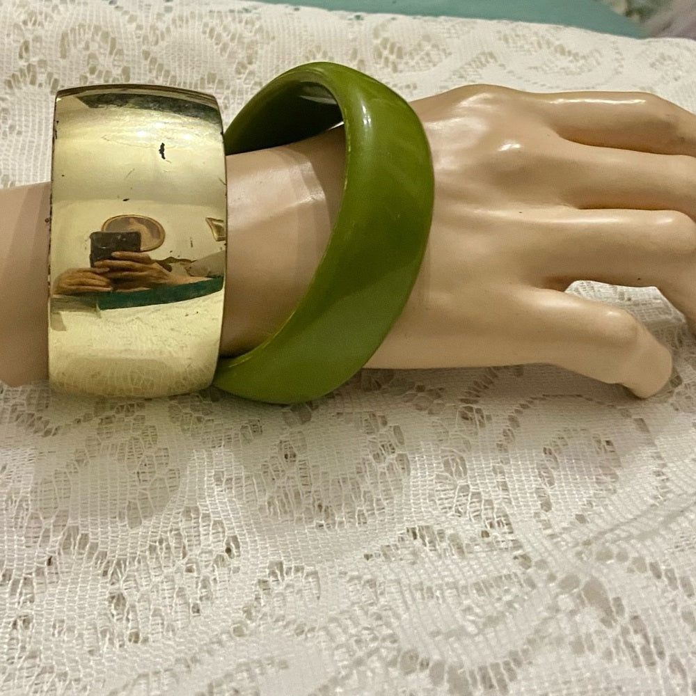 Lot of 2 Vintage, Chunky, Gold Tone and Green Lucite Bangles