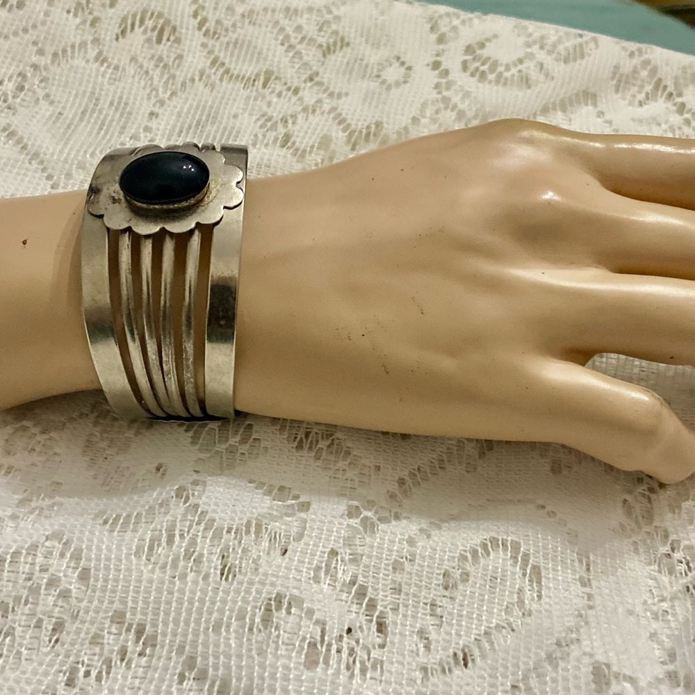 Lot of 2 Vintage, Chunky, Silver Tone Cuff Bangles-w/Black Stone-Fish Engraved