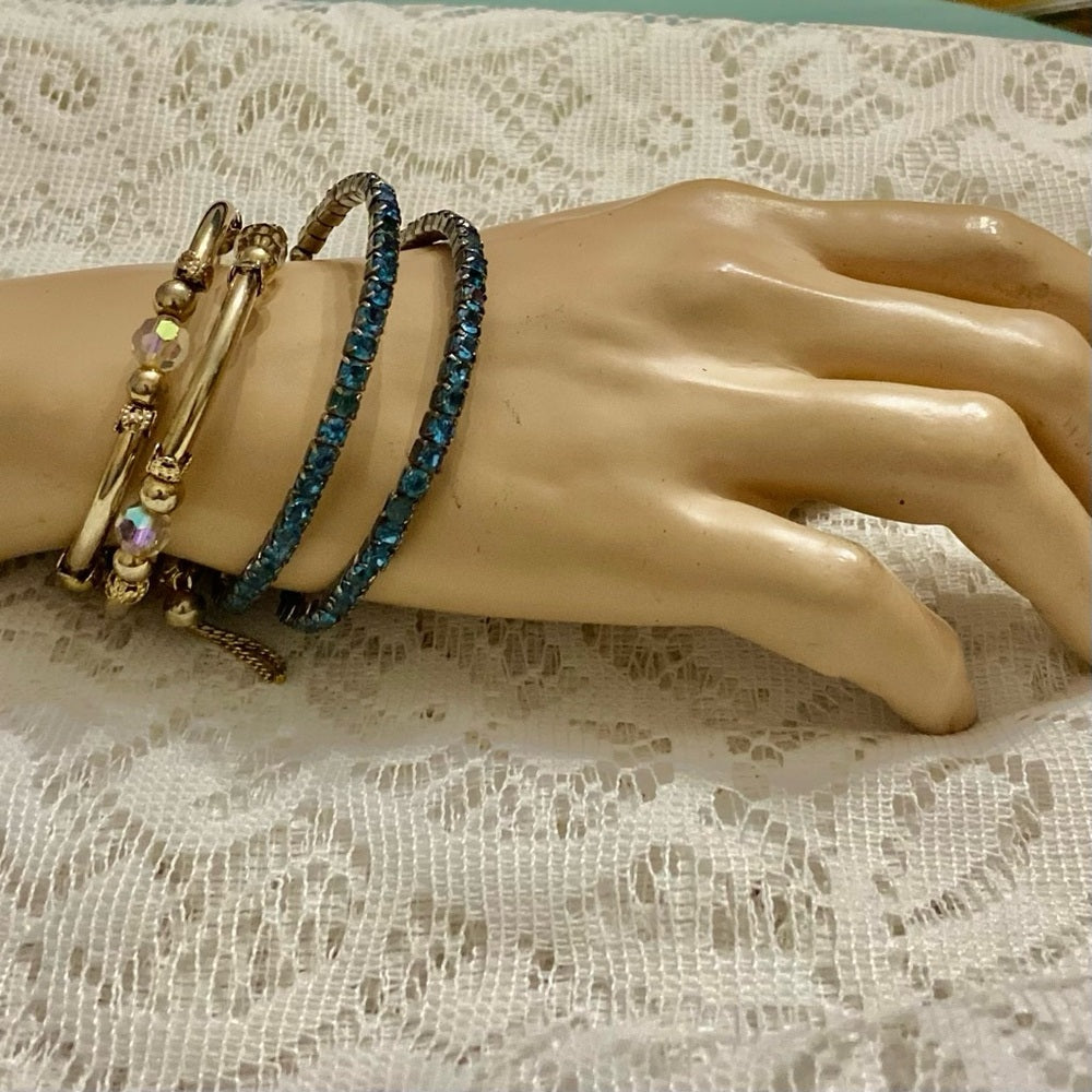 Lot of 2 Vintage, Teal Rhinestones and Iridescent Beaded Wrap Around Bracelets