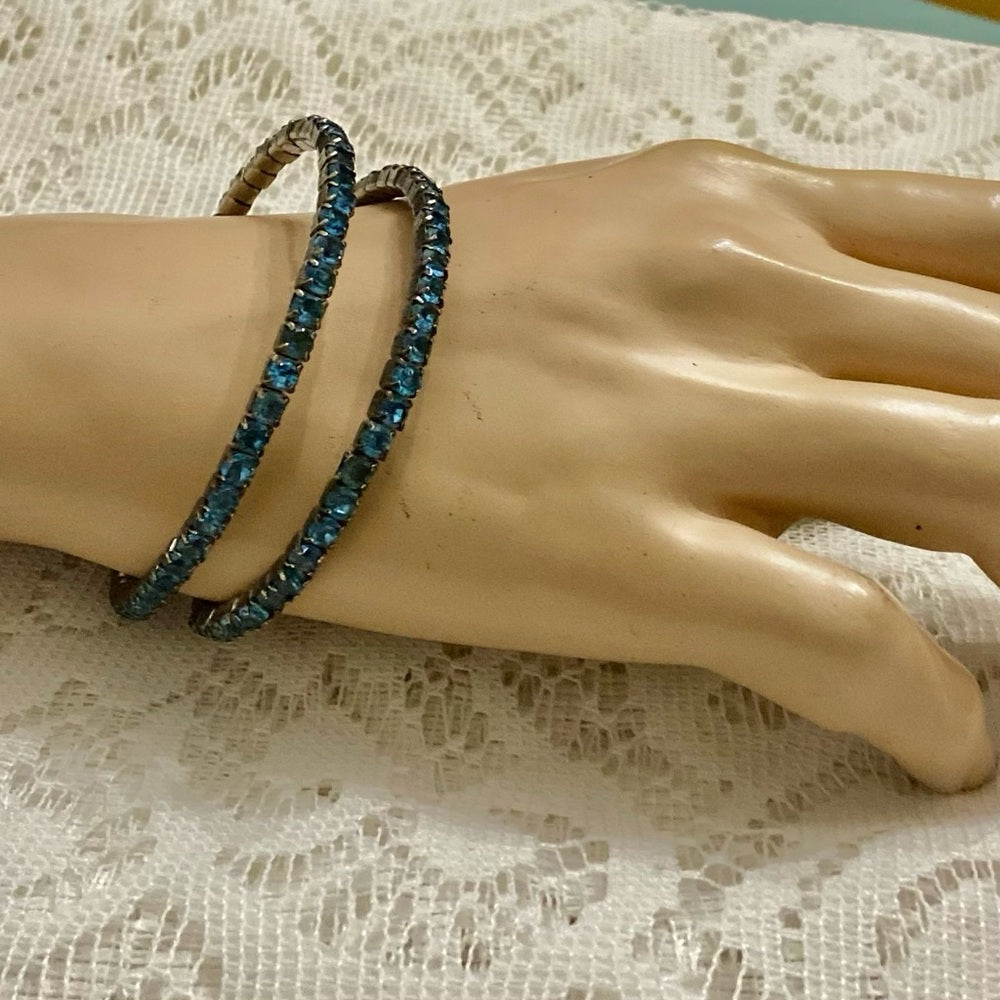 Lot of 2 Vintage, Teal Rhinestones and Iridescent Beaded Wrap Around Bracelets