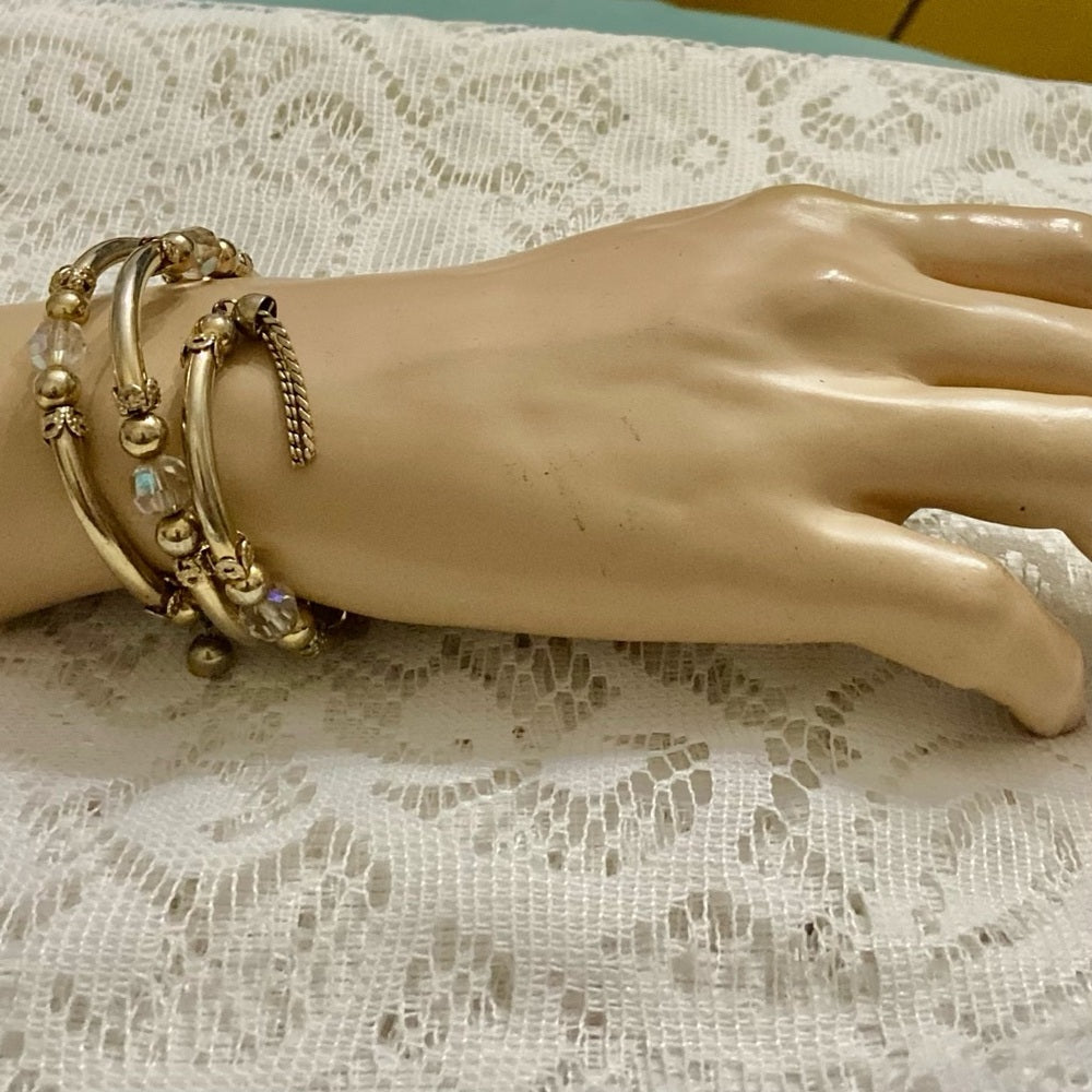 Lot of 2 Vintage, Teal Rhinestones and Iridescent Beaded Wrap Around Bracelets