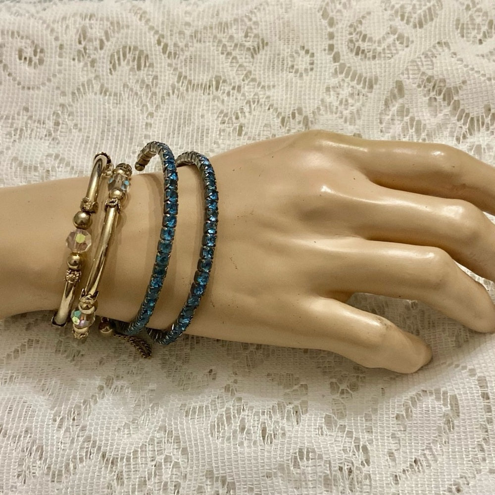 Lot of 2 Vintage, Teal Rhinestones and Iridescent Beaded Wrap Around Bracelets