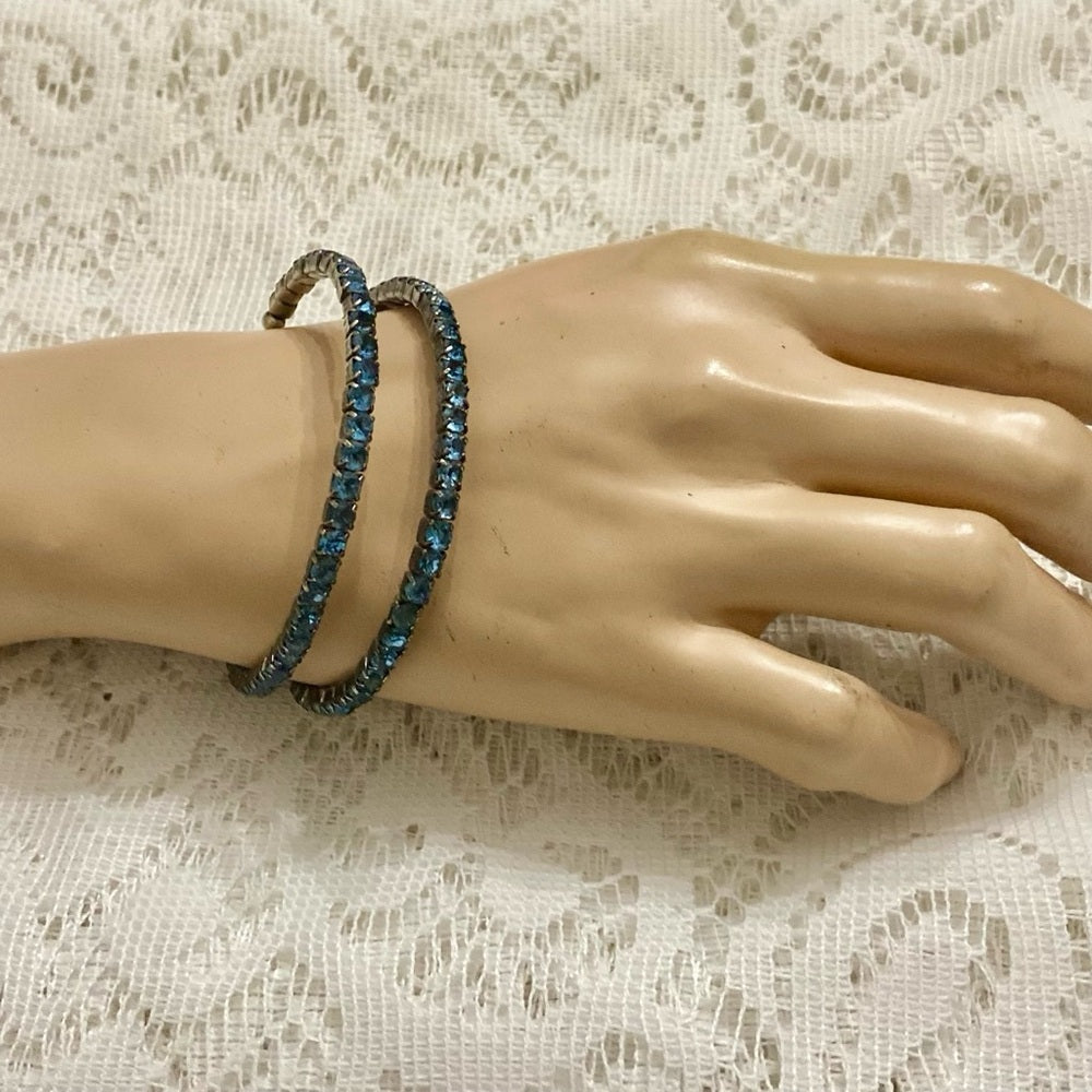 Lot of 2 Vintage, Teal Rhinestones and Iridescent Beaded Wrap Around Bracelets