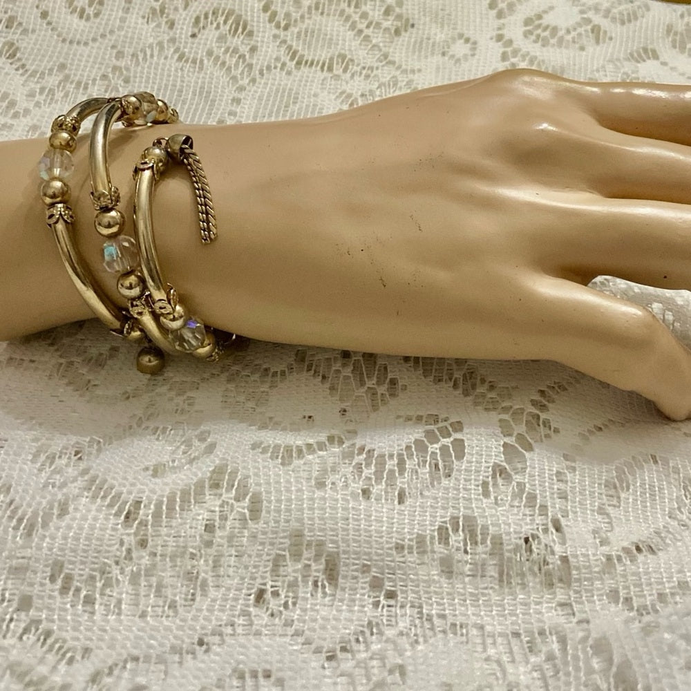 Lot of 2 Vintage, Teal Rhinestones and Iridescent Beaded Wrap Around Bracelets