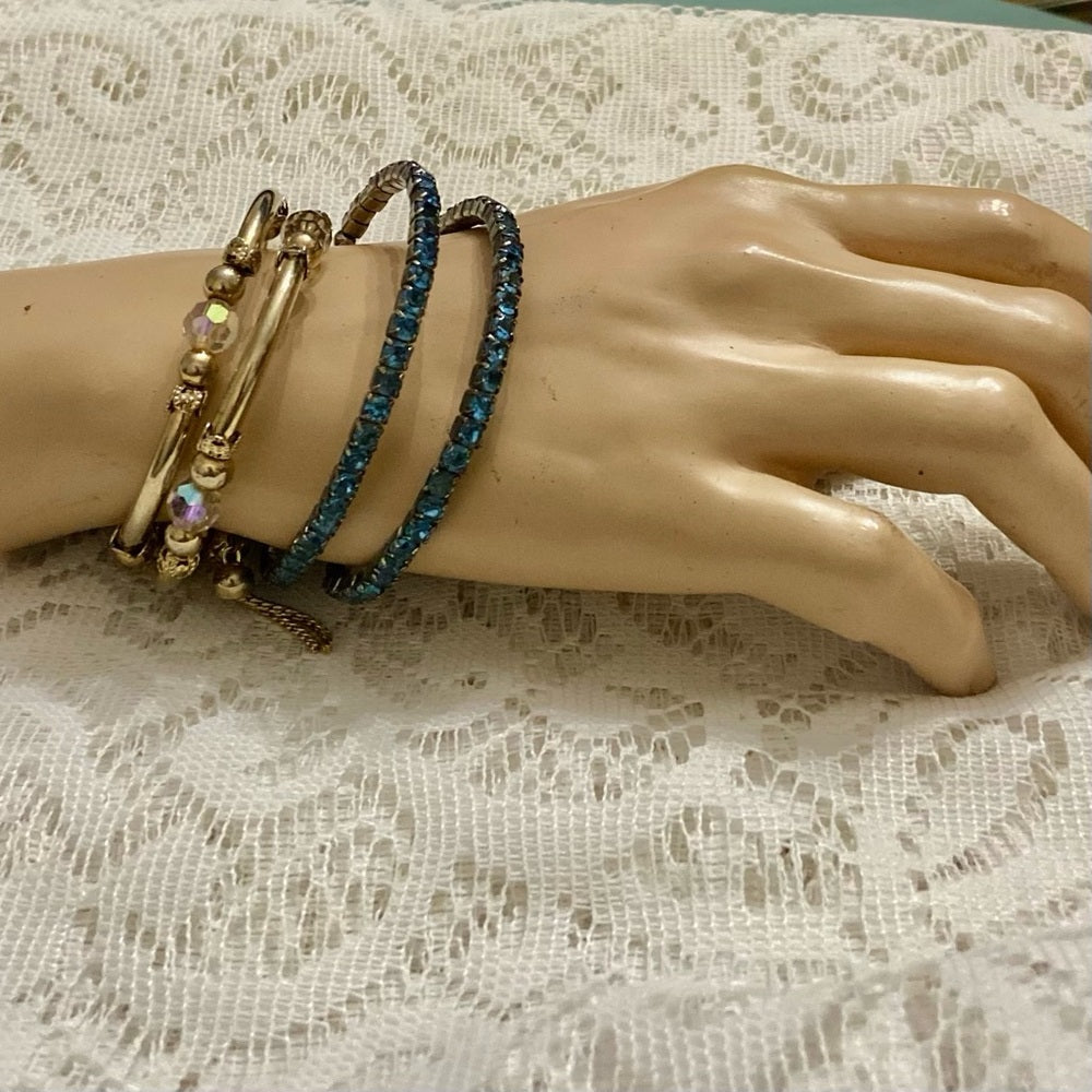 Lot of 2 Vintage, Teal Rhinestones and Iridescent Beaded Wrap Around Bracelets