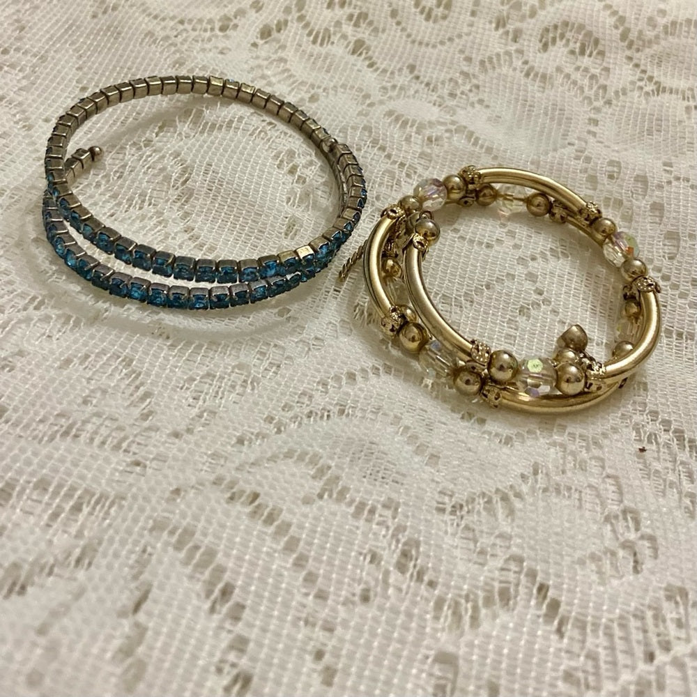Lot of 2 Vintage, Teal Rhinestones and Iridescent Beaded Wrap Around Bracelets