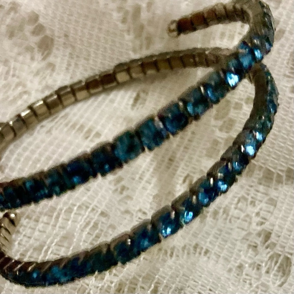 Lot of 2 Vintage, Teal Rhinestones and Iridescent Beaded Wrap Around Bracelets