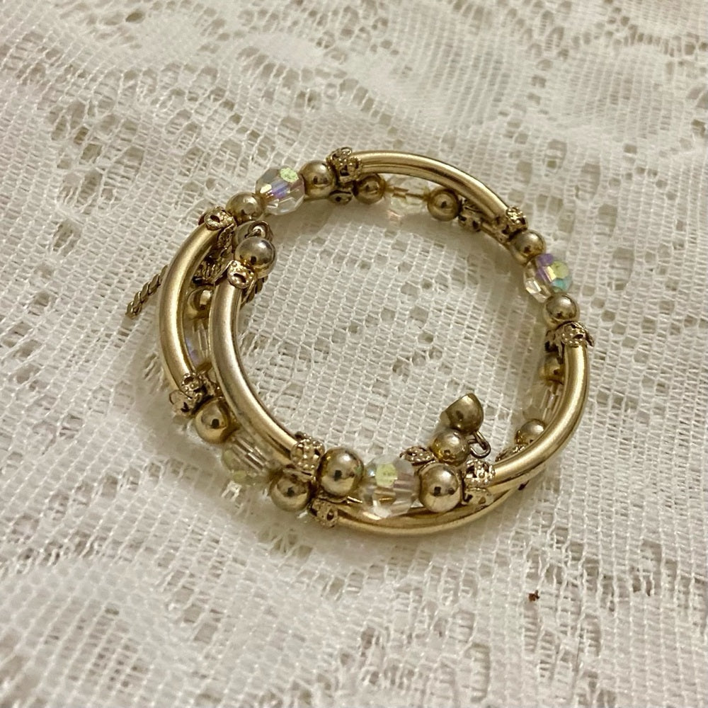 Lot of 2 Vintage, Teal Rhinestones and Iridescent Beaded Wrap Around Bracelets