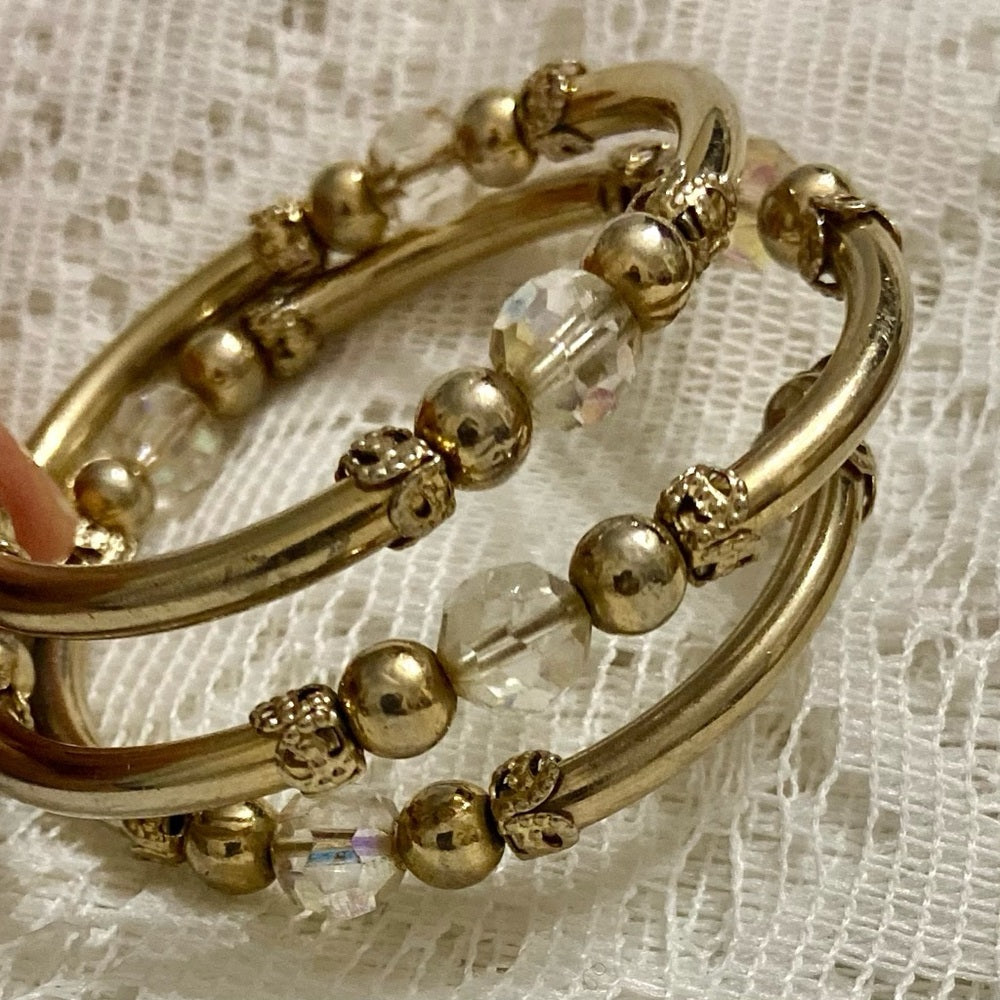 Lot of 2 Vintage, Teal Rhinestones and Iridescent Beaded Wrap Around Bracelets